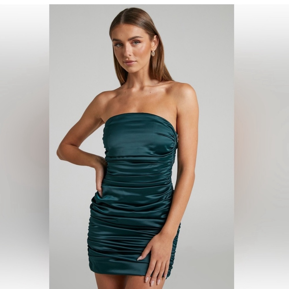 Showpo. Solena Satin Ruched Strapless Bodycon Mini Dress Ecru Champagne Size 4